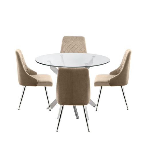 Nova 160cm Round Glass Table Top with Silver Metal Base and 4 Champagne Tiffany Metal Base Chairs Covered with PVC for Seating and Backrest Dining Tables CIMC 