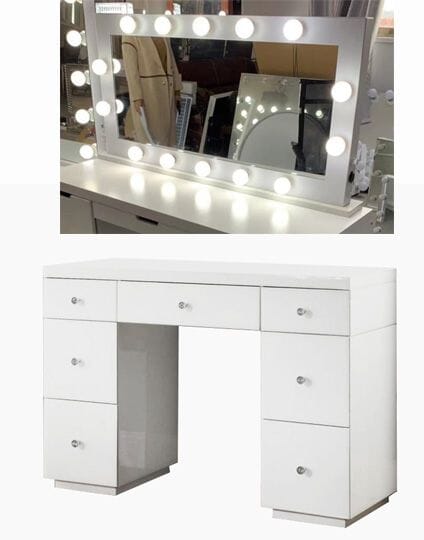Hollywood White Dresser & Tabletop Mirror with Bluetooth Speaker Dressing Tables Derrys 
