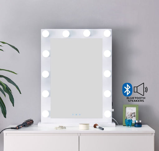 Desktop Hollywood Mirror White with Bluetooth Speaker Mirror Derrys 