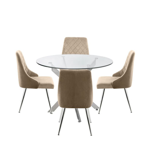 Nova 100cm Round Glass Table Top with Silver Metal Base and 4 Champagne Tiffany Metal Base Chairs Covered with PVC for Seating and Backrest Dining Table CIMC 