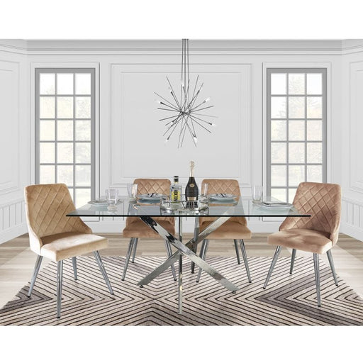 Nova 160cm Round Glass Table Top with Silver Metal Base and 4 Champagne Tiffany Metal Base Chairs Covered with PVC for Seating and Backrest Dining Table CIMC 